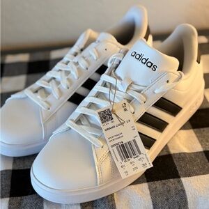 adidas White Sneakers with Black Stripes – Grand Court Style NWT Sz 10 Women